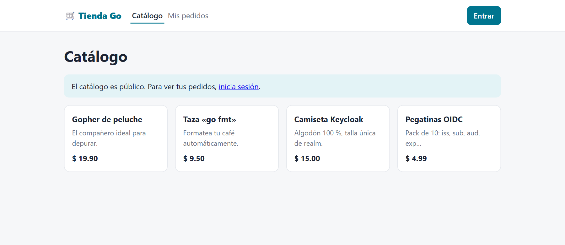 Catálogo de tienda-web sin sesión iniciada