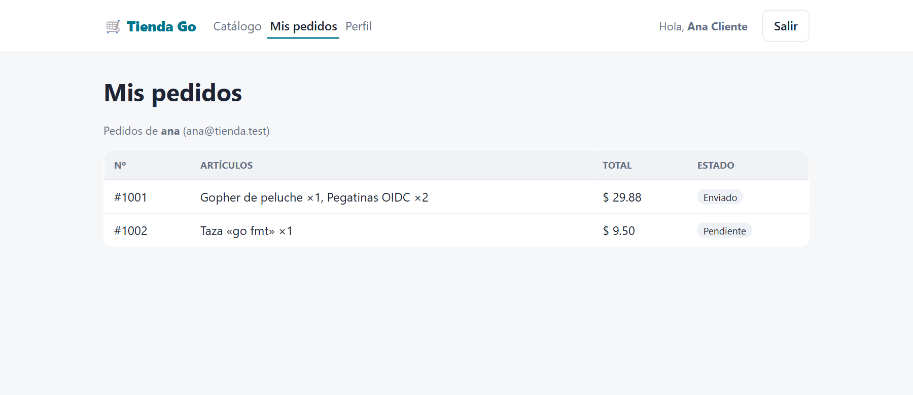 Página Mis pedidos de ana